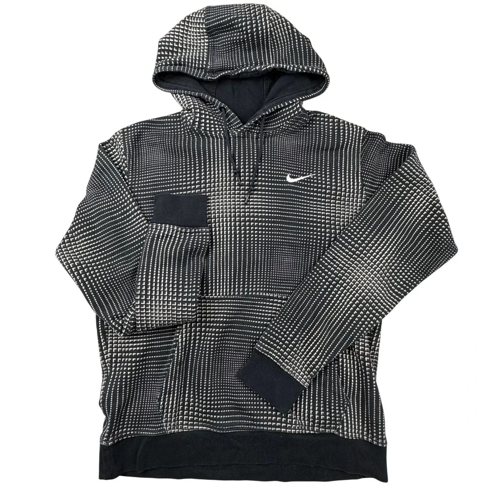 Nike Mens Geometric Grid Print Hoodie Black White Pullover Sweatshirt Medium